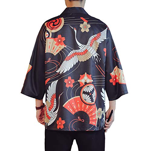 Image of PRIJOUHE Men's Lightweight Kimono Jacket Seven Sleeve Open Front Cardigan Coat Japanese Style Bathrobe