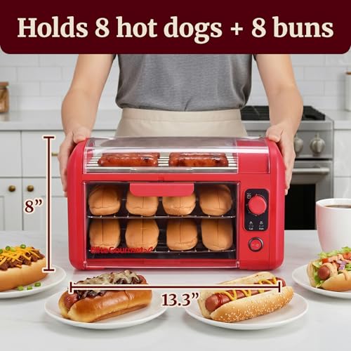 Elite Gourmet 8 Hot Dog Roller & Toaster Oven | 5 Stainless Steel Rollers, 30-Min Timer, Auto Shut-Off, 2 Warming Racks, Bun Warmer, Drip Pan | Cooks Brats, Sausages, Taquitos | Red by Elite Gourmet - Used condition - Image 2