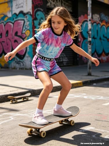 Image of Betusline Girls Summer 2 Piece Outfits,Kids Short Sleeve Crop Top & Shorts Set with Side Pockets
