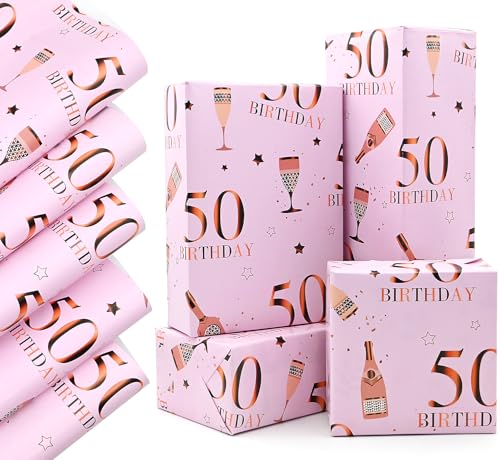 QRTDXP Pink Gift Wrapping Paper Sheets for 50th Birthday 5pcs 50 * 70cm Large Birthday Paper Pink Eco-friendly Gift Wrap Perfect for Wrapping Present or Flower for Girls Woman