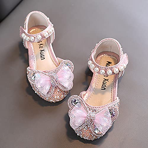 Girls White Dress Shoes Fashion Spring and Summer Girls Sandals Dress Performance Dance Shoes Mesh Rhinestone Bow Hook (Pink-2, 3 Big Kids)4