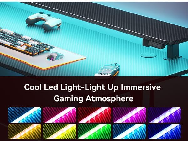 Miniatura 5 de MOTPK Escritorio para juegos de 47 pulgadas con luces LED y tomas de corriente, escritorio de computadora con estante para monitor, escritorio para