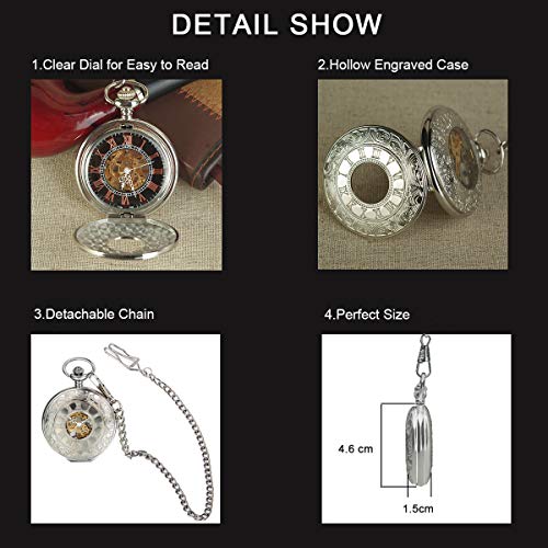 Image of JewelryWe Antique Mechanical Pocket Watch Retro Classic Mechanical Hand-Wind Pocket Watch Steampunk Fob Watch Pendant Watch with Chain, for Father's Day