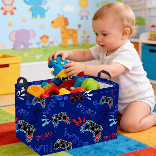 Image of Rectangular Game Basket for Boys,Game Storage Bin,Boy Storage Basket,Collapsible Storage Bin,Gift Organizer, Shelf Baskets,Boy Room Decor(Blue Game)