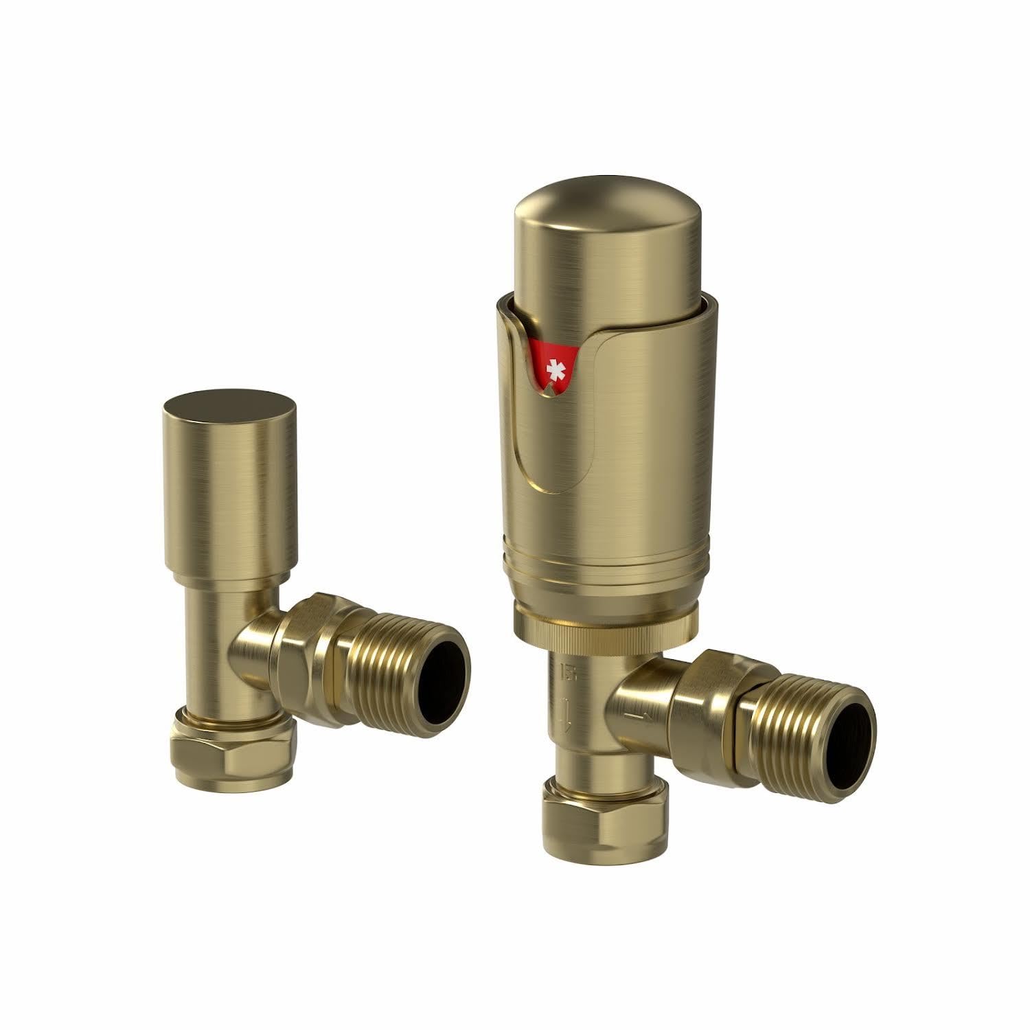 DuraTherm® Thermostatic Radiator Valve Pack Set, 15mm Lockshield TRV & Thermostat, Brushed Brass Valves for Radiators, Angled