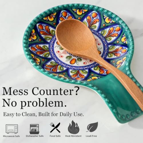 Image of Spoon Rest for Stove Top, 7.7 inchCeramic Spoon Holder for Countertop | Large Spatula Rest for Kitchen Counter Decor, Heat-Resistant Cooking Utensil Rest for Tongs, Dishwasher Safe, Bohemian Style