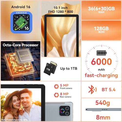 Image of Tablet,10.1 inch Android 16 Tablet Octa-core 36GB+128GB Dual Camera | 1280x800 IPS HD Touchscreen 6000mAh Battery Wi-Fi 6,BT 5.4 GMS 36GB(6+30) RAM 128GB ROM Support 1TB Expansion 5MP+8MP cameras