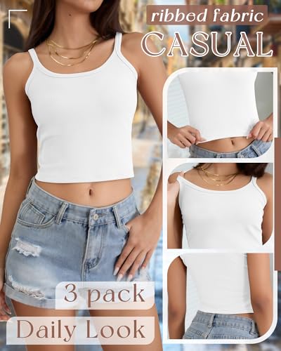 Ficerd 3 Pack Women's Spaghetti Strap Ribbed Tank Tops Scoop Neck Cotton Crop Camisole Slim Fitted Basic Sleeveless Layer2