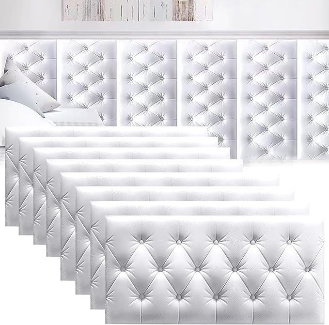 MOTTK 4/6/8 Pack 3D Anti Collision Wall Padding Panels,70x35cm DIY Peel and Stick Headboard Panel Wall Cushion Protection for Bedroom Nursery (White,8)