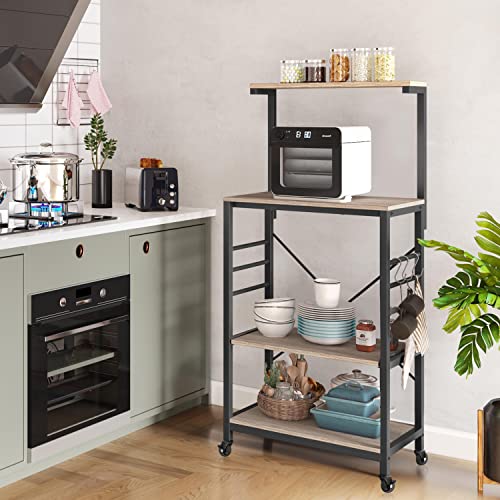 Image of Yaheetech Kitchen Bakers Rack on Wheels(16D x 24W x 50H Inches), Microwave Stand Kitchen Cart, Rolling Coffee Bar Cart with 6 S-Side Hooks and Adjustable Feet, Utility Storage Shelf, Gray