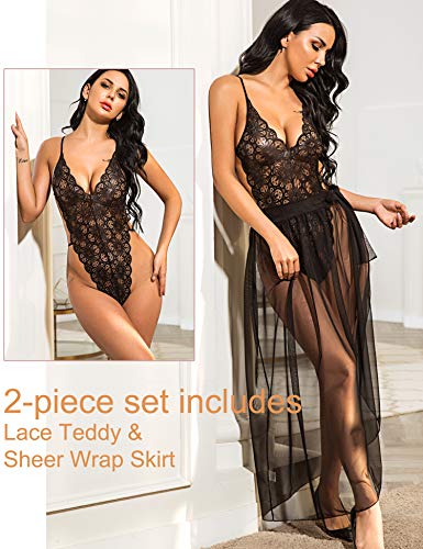 Avidlove Women Lingerie Sexy Nightgown 2 Pieces Set Lace Teddy Sheer Wrap Skirt Black Small #TOP4