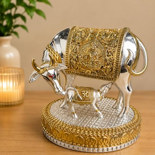 Image of KYAT Pure 999 Fine Silver Kamdhenu Cow with Calf Idol Elephant Pair (Kamdhenu Gold & Silver- 3.5'')