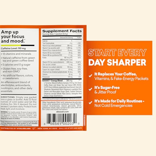 Image of EBOOST Super Powder Drink Mix - Orange 0.2 oz 20 Pack Hydration Energizer Electrolytes Powder - 13 Vitamins & Minerals - 110 mg Caffeine - 0 Added Sugar - No Artificial Flavors or Sweeteners