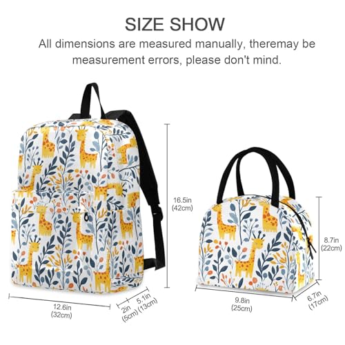 Backpack Lunch Bag Set Cartoon Giraffe Print, Big Storage Travel Backpacks with Insulated Lunch Box for Office Hiking Picnic2