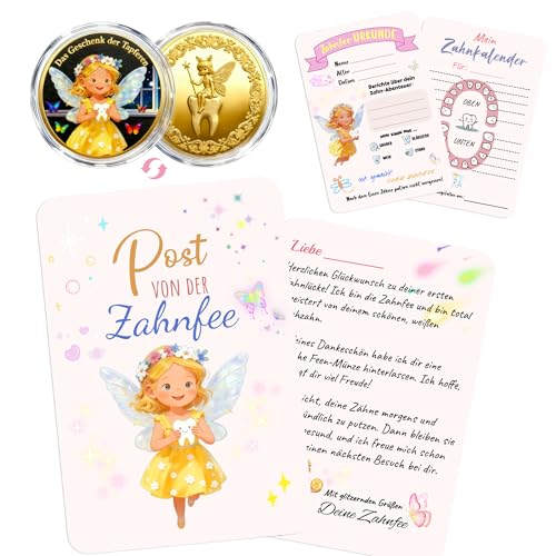 GEVECORI Zahnfee Geschenk Kinder Goldene Glücksmünze Münze mit Zahnfee Brief + Zahnprotokoll + Zahnfee Urkunde + Umschlag + Garnbeutel Zahnfee Münzen Geschenkset für Mädchen & Jungen