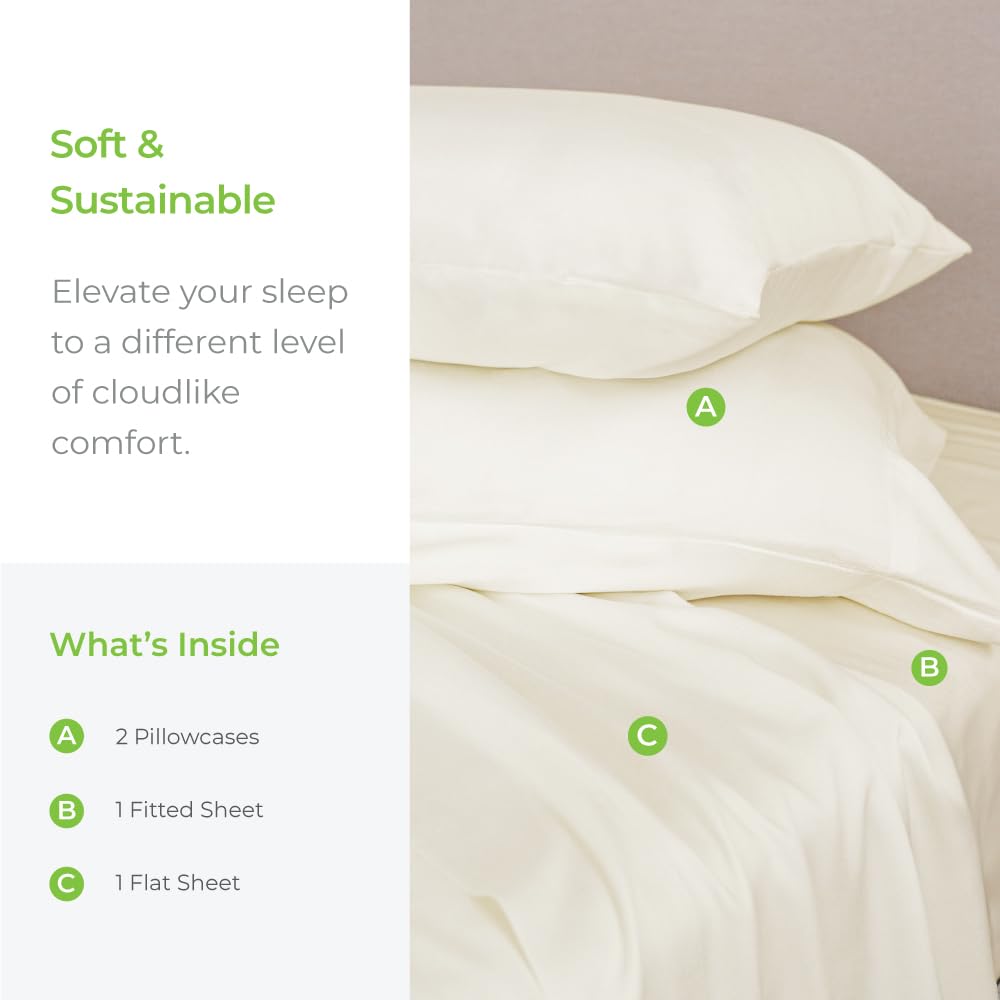 Cariloha Classic 4-Piece Twill Sheet Set | Ivory | King | Viscose Material |Extra Soft, Cooling for Hot Sleepers, Corner Bands