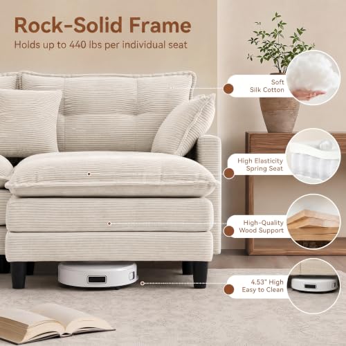 Image of 140.9 inch U-Shaped Modern Sofa Modular Sectional Cloud Couch with 2 Storage Ottoman Coffee Table, 4-Seat Corduroy Deep Seat Sofa with Throw Pillows for Living Room, Bedroom, Office, Cream