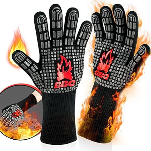 RISEMART Grillhandschuhe hitzebeständig Grillhandschuhe mit 800°C Extrem Hitzebeständige mit 14,6cm Unterarmschutz,rutschfeste Ofenhandschuhe mit Fingern zum Kochen, Grillen, Backen Cover