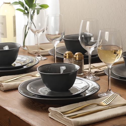 Image of Gibson Elite Port Barton Plates and Bowls Sets, 12-Piece Stoneware Dinnerware Sets, Reactive Glaze Dish Set - Black