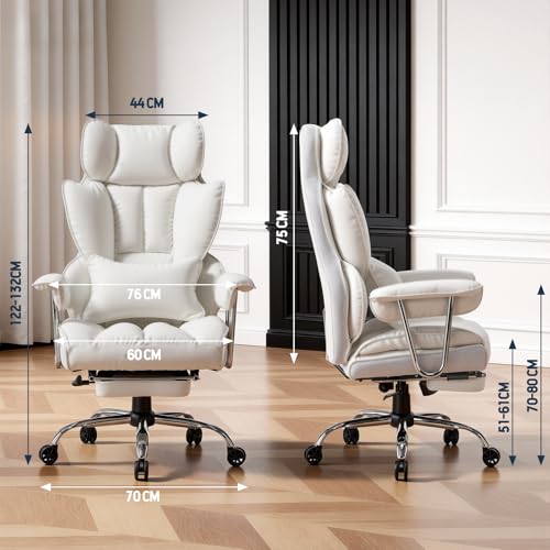 Image of Efomao Big and Tall Office Desk Chair, White | 23.5 inch Wide Dual-Layer Foam Cushion, 135 Reclining PU Leather Desk Seat with Footrest, Independent Movable Lumbar Pillow