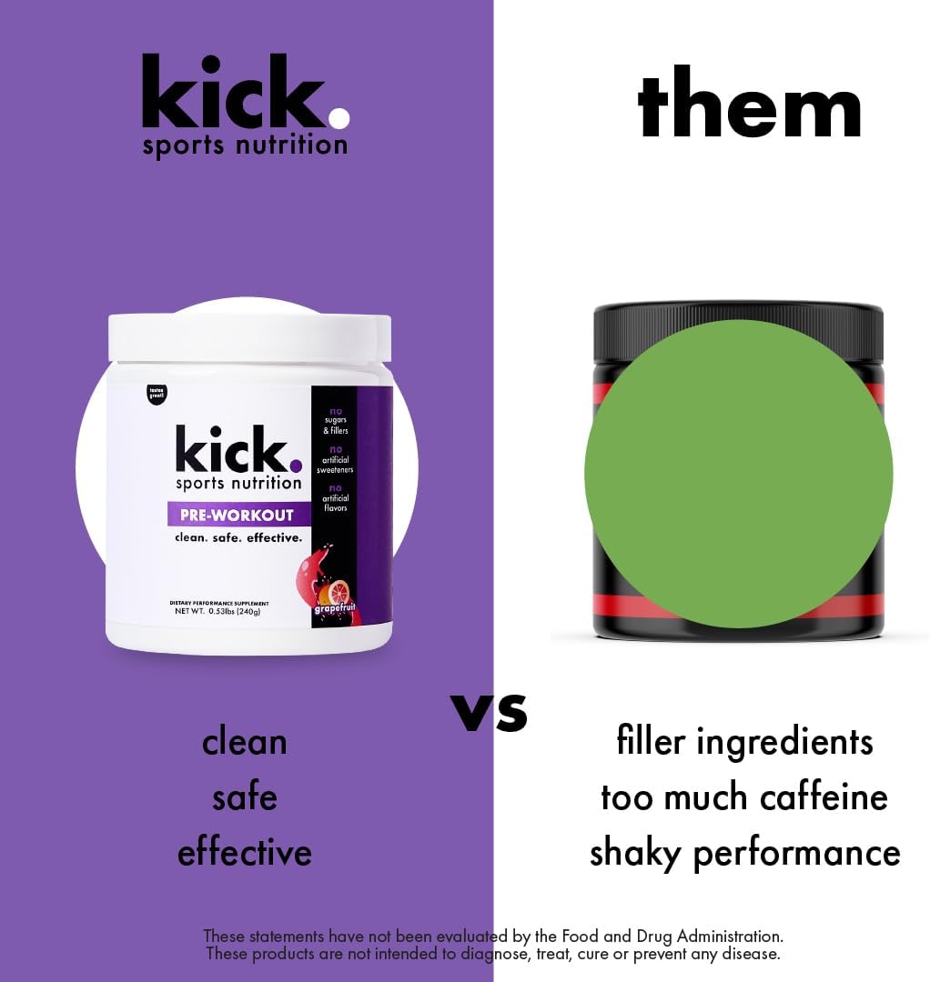 Kick Pre Workout Powder, Grapefruit Flavor, 30 Servings, L Theanine, Amino Acids, L Glutamine, and Caffeine to Support Energy & Fitness Performance, No Sugar, No Artificial Sweeteners or Flavors - Image 8