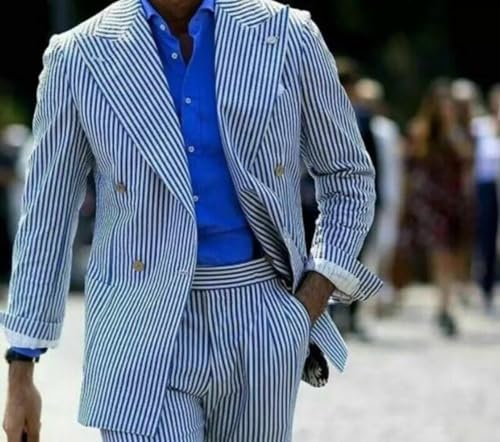 Men's Seersucker Suits 2 Piece Casual Summer Beach Wedding Prom Suit Blue Seersucker Striped Blazer Pants Set L2