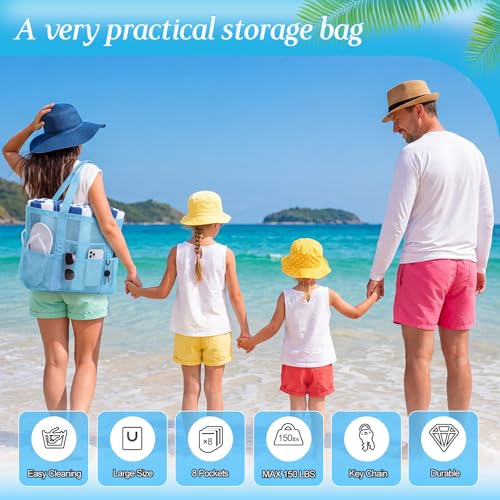Image of Hillban Large Beach Mesh Bags Bulk for Women Beach Tote Bag with 8 Pocket Zipper Waterproof Sandproof for Pool Cruise Ship