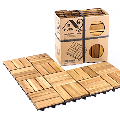 A9 FURNI 12-Slat Acacia Wood Teak Color Waterproof Outdoor & Indoor Flooring Interlocking Deck Tiles (10pcs,12''x12'') - Great Balcony Wooden Garden Decking Tile & Perfect Patio Paver Kits A9 FURNI 12-Slat Acacia Wood Teak Color Waterproof Outdoor & Indoor Flooring Interlocking Deck Tiles (10pcs,12''x12'') - Great Balcony Wooden Garden Decking Tile & Perfect Patio Paver Kits