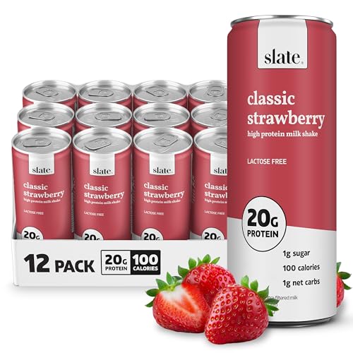 Image of Slate Milk - High Protein Milk Shake - Classic Strawberry - Lactose Free, 20g Protein, 1g Sugar, 100 Calories, 1g Net Carbs, No Added Sugar - Natural, Breakfast Boost, Post Workout - 11 fl oz, 12 Cans