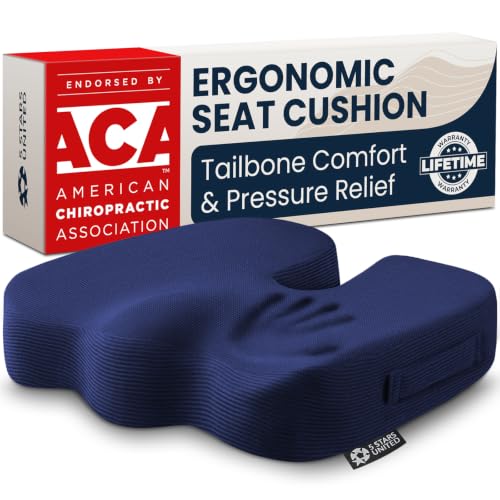 Image of 5 STARS UNITED Seat Cushion - Memory Foam Chair Cushion for Tailbone Pain Relief - Ergonomic Support for Coccyx, Sciatica & Butt - Office, Desk & Gaming Chair, Car Seat, Wheelchair, Airplane, Blue