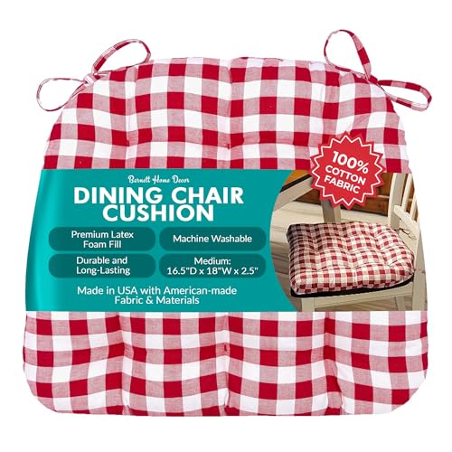 Barnett Home Decor Classic Check Red Dining Chair Pad with Ties - Medium Size 18 Chair Cushion - Latex Foam Fill - Machine Washable, Reversible, 100% Cotton, Made in USA (Red White Plaid)