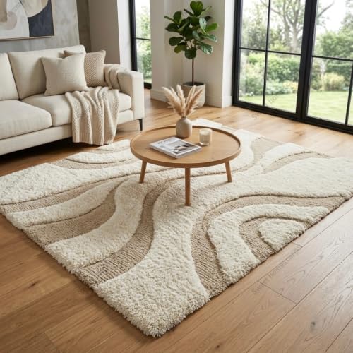 Image of SWEET HOMES Luxury Abstract Shag Rug, Thick Soft Area Carpet for Living Room, Bedroom, 12 x 18 Feet (366 x 549 cm), Beige & Ivory