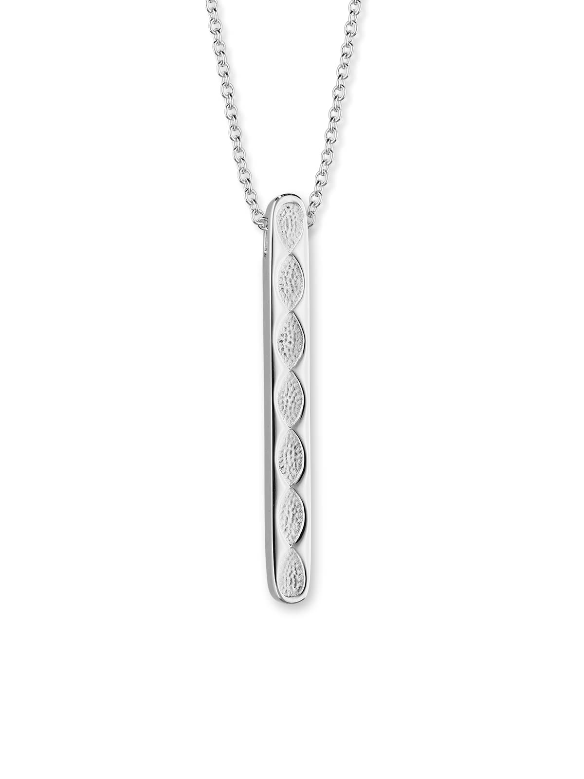 ORTAK 925 Sterling Silver Handmade Pendant Necklace High Polished And Textured Background Long Bar Design Scottish Fine Jewellery Made in Orkney Islands, Scotland