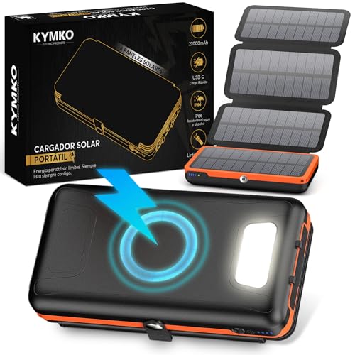 KYMKO® Cargador Solar para móvil 27000mAh con 4 Paneles solares Plegables | Power Bank Solar...