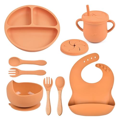 Deronderベビー食器セット 8点セット 吸盤付き プレート ボウル カップ スプーン フォークセット エプロン付き 赤ちゃん 離乳食食器 子供 お食事セット BPAフリー 食品級シリコン 出産祝い (オレンジ)