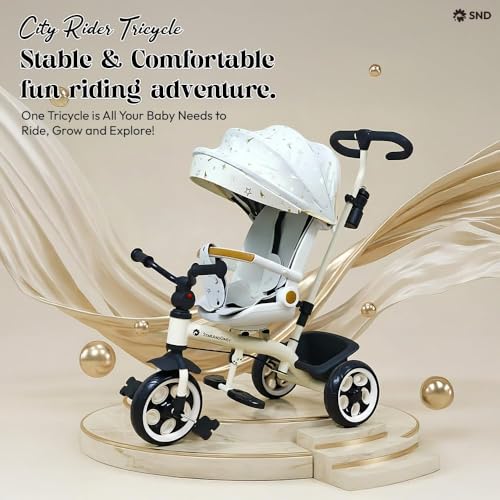 Image of StarAndDaisy Kids Cycle for 2-5 Years Boy & Girl /Tricycle with EVA Wheels, Bell & Basket /Baby Trike Cycle 30 Kg Capacity, 3-Point Safety Belt with Canopy & Parent Handle (Graffti White)