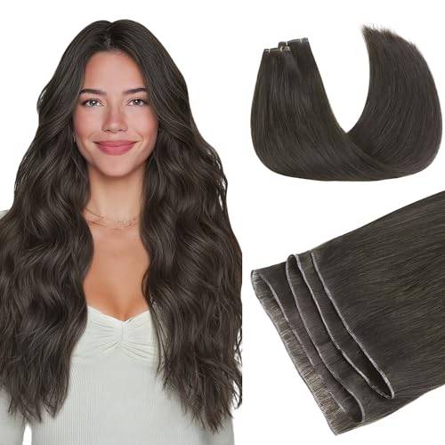 Image of GOO GOO Genius Weft Hair Extensions Human Hair, Sew In Weft Extensions, Seamless Blend & No Bulk Flat, Natural Volume for Women, 1C Mocha Brown 14 Inch 100g