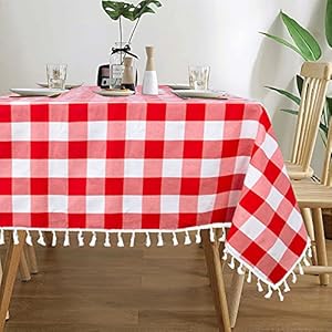 ShinyBeauty 54x84 Red & White Buffalo Plaid Tablecloth with Tassel | Rustic Checkered Cotton Table Cover for Dining, Picnics, Holidays | Wrinkle-Resistant & Easy Care ShinyBeauty 54×84 Red White Buffalo Plaid Tablecloth with Tassel Rustic Checkered Cotton Table Cover for Dining Picnics Holidays Wrinkle Resistant Easy Care