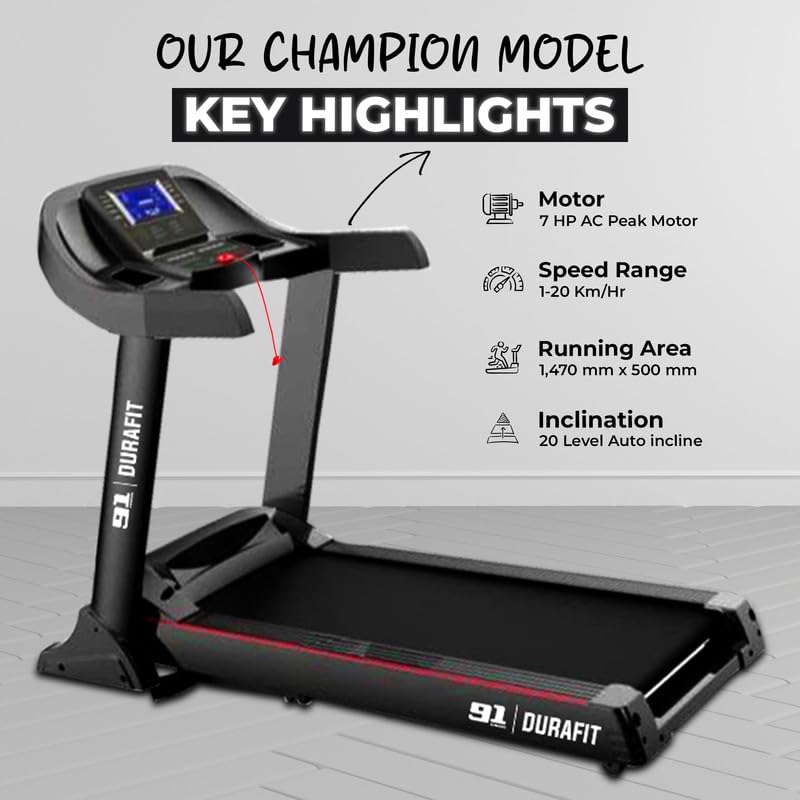 Image of Durafit91 Champion 7HP Peak AC Motorized Treadmill | Max User Weight 150 Kg | 20 Level Auto Incline | Max Speed 20 Km /Hr | Home use