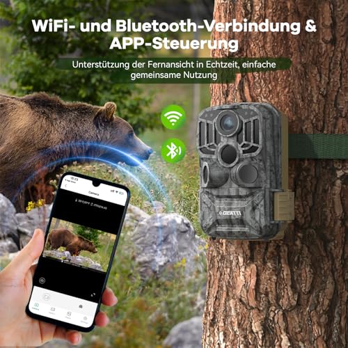 DEATTI Wildkamera mit Handyübertragung APP, 4K 48MP HD WLAN Bluetooth Wildkamera mit Bewegungsmelder Nachtsicht, 120 °Weitwinkel Wildtierkamera, IP66 Wasserdicht, 32GB SD Karte und 8*AA-Batterien