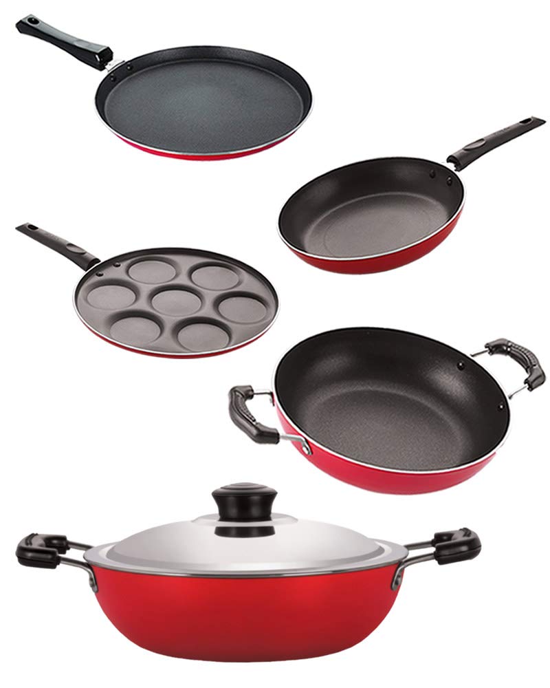 Nirlon Kitchen Utensils Aluminum Non-Stick Cookware Set of 5 Pieces (2.6mm_FT13_KD13_DKDB_TP_UP7)