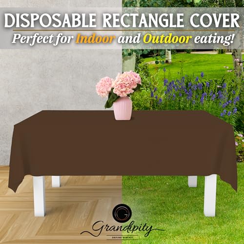 Image of Grandipity Plastic Table Cloth Disposable 12 Pack 54 inch x 108 inch Rectangle | Brown Plastic table covers, durable disposable tablecloths, fade and tear-resistent table cover for party, event