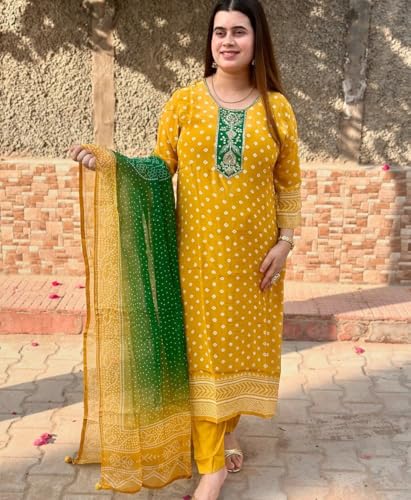 Image of GoSriKi Women's Rayon Viscose Printed Straight Kurta with Pant & Dupatta