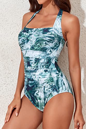 Image of Smismivo Tummy Control Swimwear Halter One Piece Slimming Vintage Retro Swimsuit Womens Ruched Push Up Bathing Suit