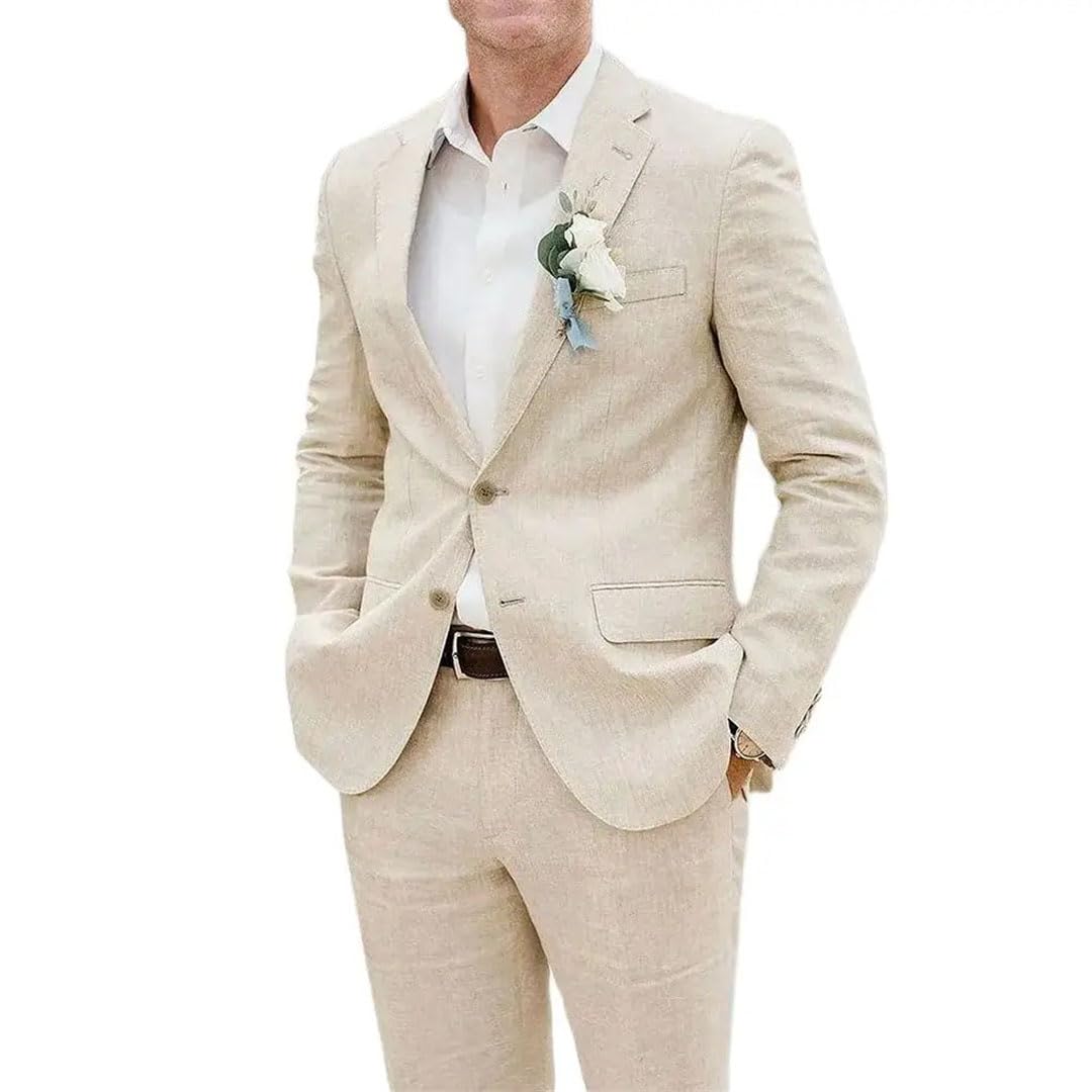 Elegante traje de boda para hombre, 2 piezas, color beige, con solapa de muesca, para novio, padrino, esmoquin, traje de playa delgado