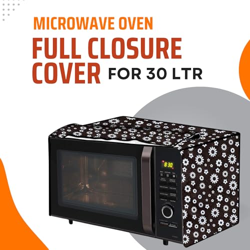 Image of PVC Microwave Oven Cover for IFB 30L 30BRC2 | Full Closure Zip | Waterproof & Dustproof | Attractive Digital Print | Wipe Clean | Stain Resistant | 48 x 53 x 34 cm | Black Floral Design