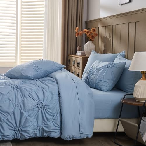 Image of Sky Blue Comforter Set Queen Size Bed in A Bag 7 Piece Pinch Pleat Bedding Set,Pintuck Ruched Flowers Bed Set with Comforter, Sheets, Pillowcases & Shams