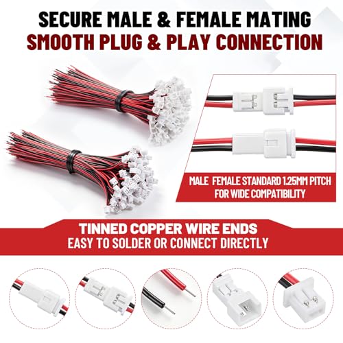 Sabary 100 Pairs 1.25mm Pitch 2 Pin Mini Connector Plug with 100mm 28awg Red Black Wire, Male and Female Electrical Cable Connectors for Rc Drone, LED Strip, Arduino and DIY Electronics by Sabary - Image 4