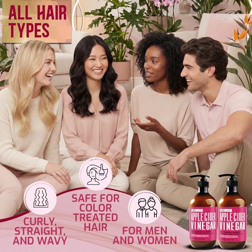 Image of Apple Cider Vinegar Shampoo and Conditioner Set - Sulfate Free, Anti Itch Formula for Flaky Scalp - Buildup Remover for Oily Hair - Frizz Control for Women and Men - 16 Fl Oz (Set of 2)