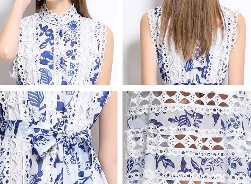 Image of LAI MENG FIVE CATS Women's Sleeveless Hollow Out Lace Button Up Casual Midi Party Dress with Belt